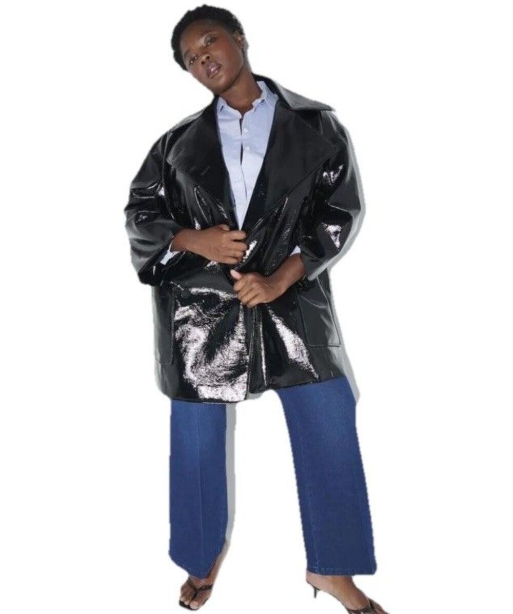 Pari Passu Lynne Coat Size 14 Black Faux Patent Leather Peacoat NWT Retail $698